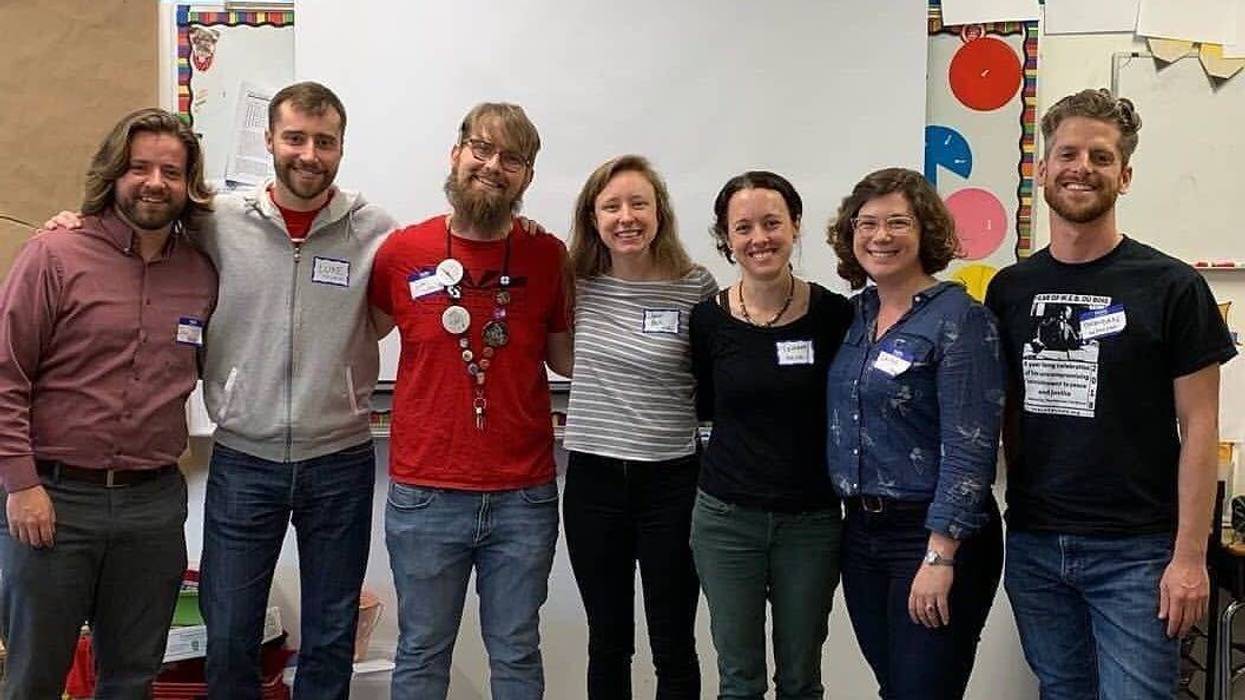 Members of BARWE (Building Anti-Racist White Educators) including Charlie McGeehan (3rd from left), Laura Hummer and Brendan Morrissey (far right)