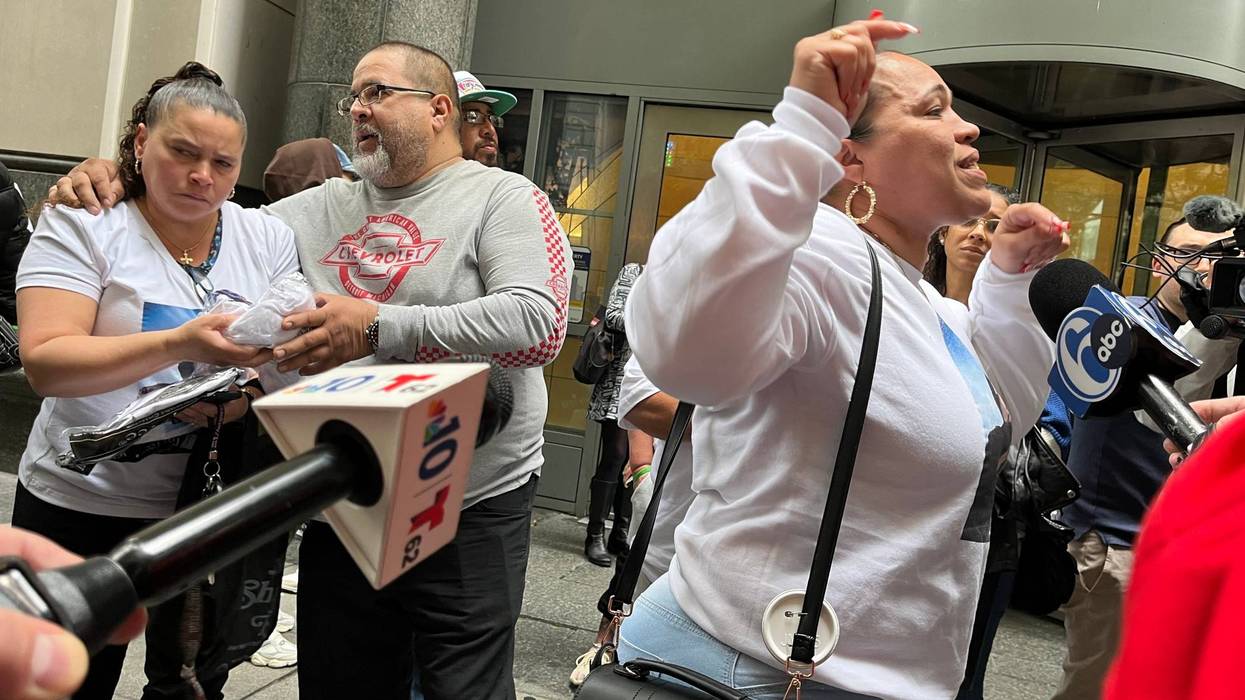Members of Eddie Irizarry's family expressed outrage outside the courthouse on Sept. 26, 2023, after a judge dropped all charges against Mark Dial, the former police officer accused of fatally shooting Irizarry.
