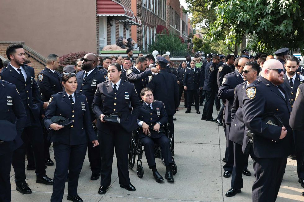 Members of the 47th NYPD Precinct arrive for the funeral of slain NYPD officer Didarul Islam at Parkchester Jame Masjid on July 31, 2025