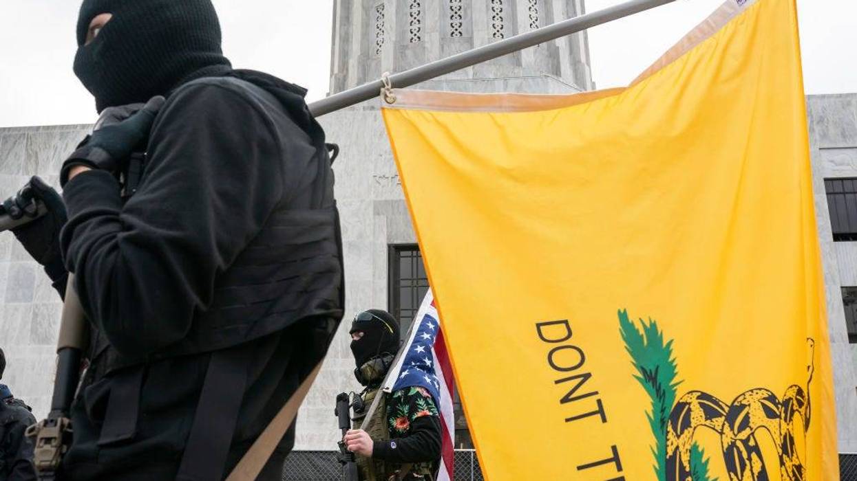 Members of the anti-government group, The Boogaloo Boys, protest on January 17, 2021 in Salem, Oregon.