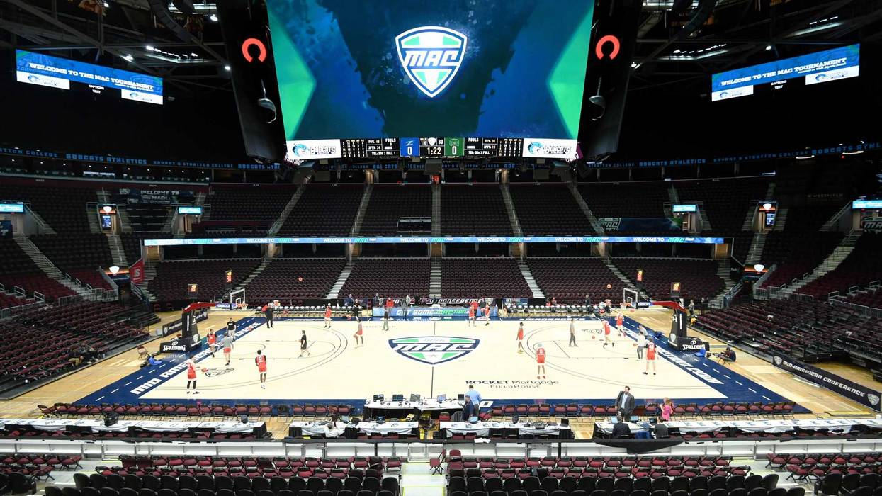 Members of the Ball State basketball team warm up before the game between the Akron Zips and the Ohio Bobcats at Rocket Mortgage FieldHouse. The game and the Mid-American Conference basketball tournament was cancelled in an attempt to prevent the spread of the Covid-19 coronavirus