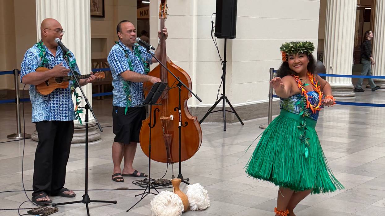 Members of the Hoapili Ukelele Band perform during Indigenous Peoples Day observances at Chicago's Field Museum, October 12, 2026.