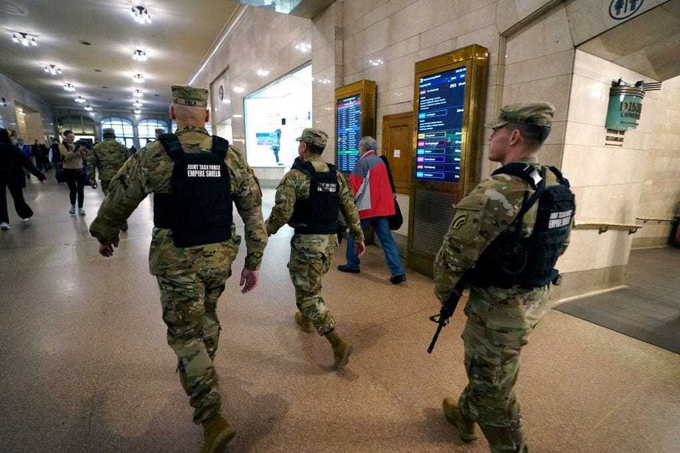 Members of the New York National Guard patrol the subway at Grand Central Terminal on March 7, 2024.