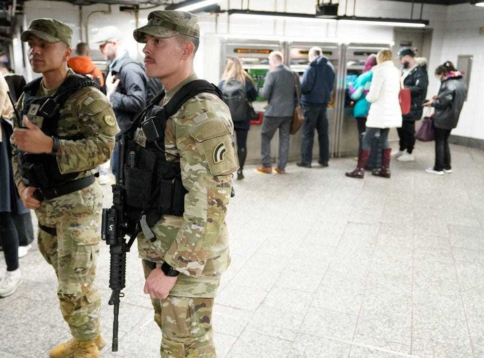 Members of the New York National Guard patrol the subway at Grand Central Terminal on March 7, 2024.