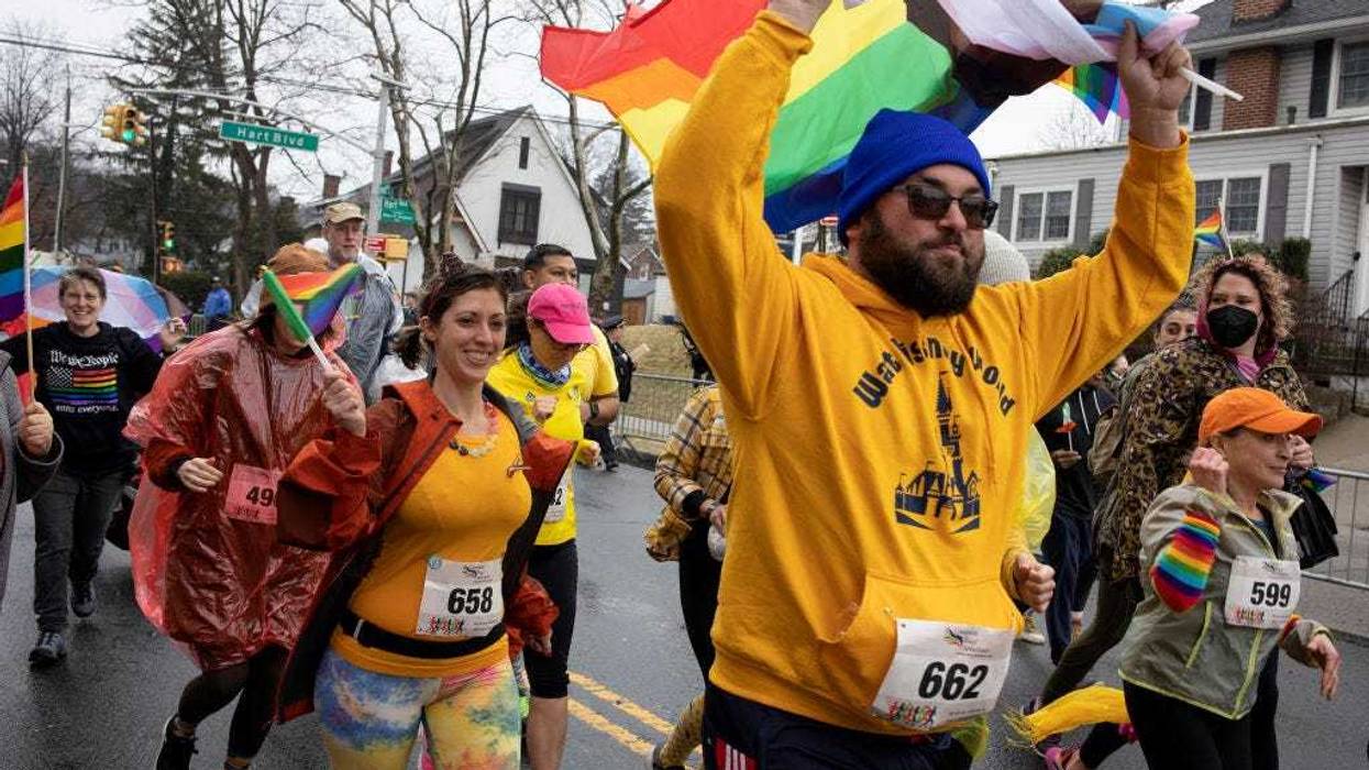 Members of the Staten Island Irish-American LGBTQ community prepare to run the parade route before the start of the annual St Patricks Day Parade to protest their continued exclusion from the event on March 6, 2022
