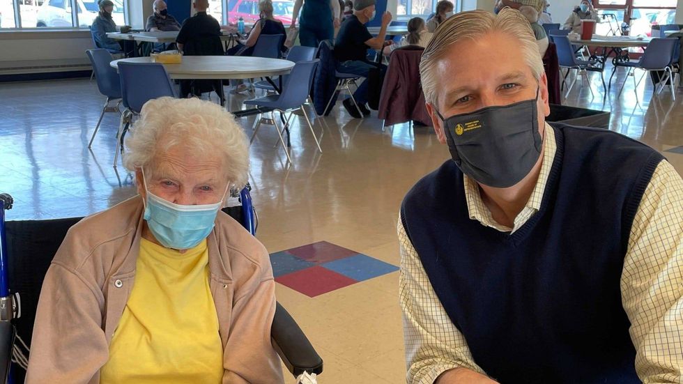 Merle Caples, 98, was vaccinated against COVID-19 at a Montgomery County clinic organized by Pa. state Rep. Todd Stephens.