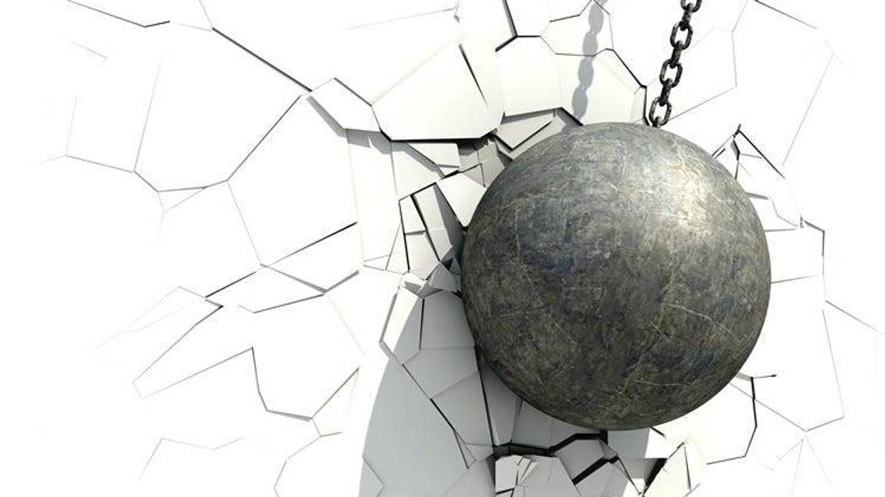 Metallic Wrecking Ball Shattering The White Wall. 3D Illustration.