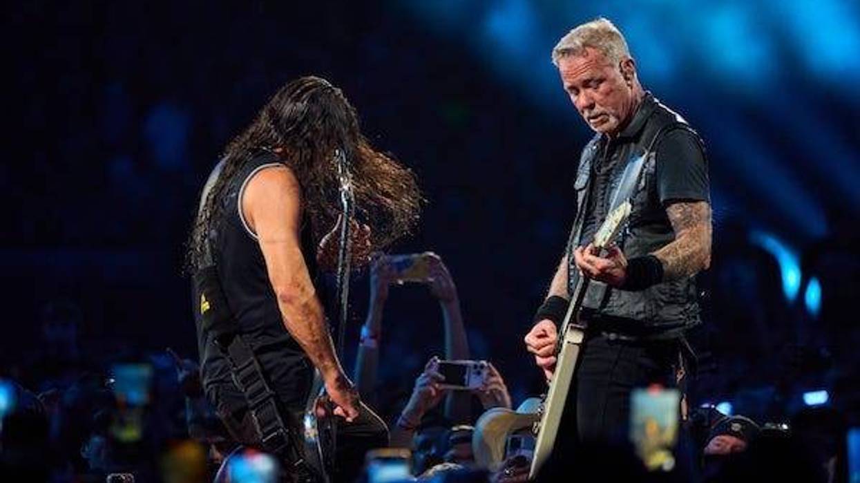 Metallica frontman James Hetfield (right) and bassist Robert Trujillo perform "Ride The Lightning" during the second night of the M72 World Tour at State Farm Stadium in Glendale on Sept. 9, 2023