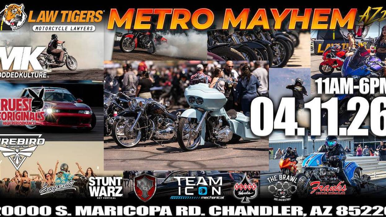 Metro Mayhem AZ26 event poster: Motorcycles & cars racing, drifting, stunt riding, and on display.