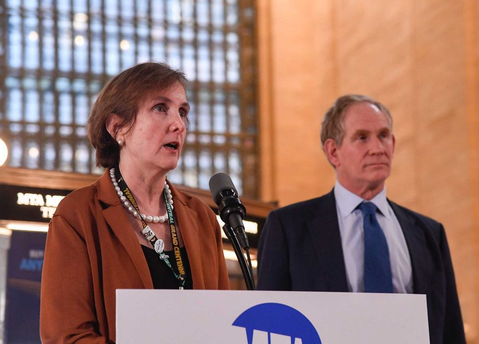 Metro-North president Catherine Rinaldi (left) and MTA chair and CEO Janno Lieber (right) at Grand Central Terminal on Thursday, when officials announced LIRR president Phil Eng would be retiring
