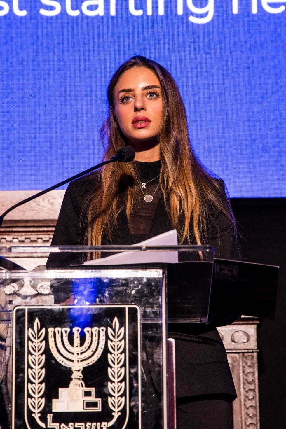Mia Schem, who was kidnapped from the Nova music festival on Oct. 7 and spent 55 days in Gaza, speaks at the Oct. 7 commemoration ceremony, organized in part by the Israel Consulate General in New York.