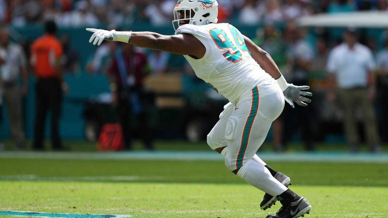 Miami Dolphins defensive tackle Christian Wilkins (94) celebrates after sacking New York Giants quarterback Daniel Jones (not pictured) during the first half at Hard Rock Stadium.