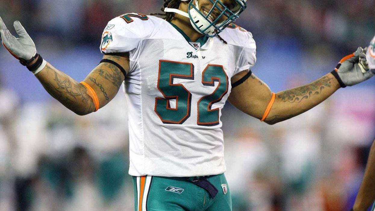 Miami Dolphins linebacker (52) Channing Crowder reacts during their game against the Buffalo Bills at the Rogers Centre in Toronto, ON. The Dolphins beat the Bills 16-3.