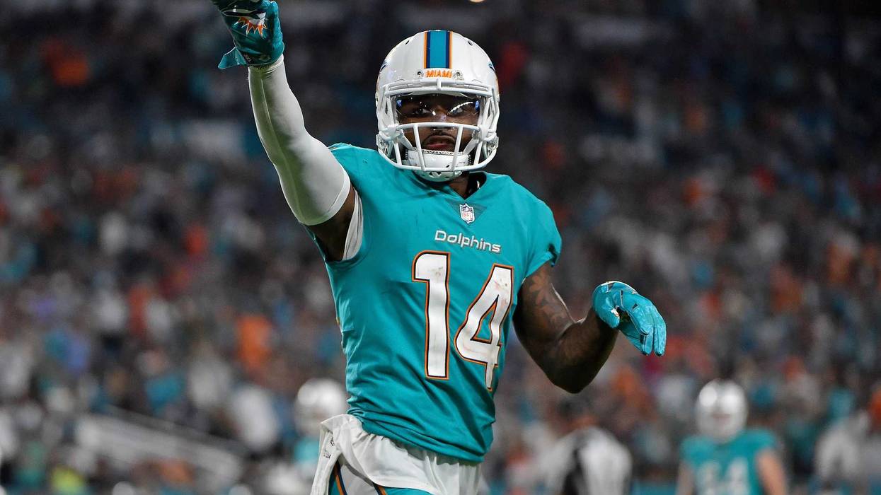 Miami Dolphins wide receiver Jarvis Landry (14) celebrates after his touchdown against the Oakland Raiders during the second half at Hard Rock Stadium. Mandatory Credit: Jasen Vinlove-USA TODAY Sports