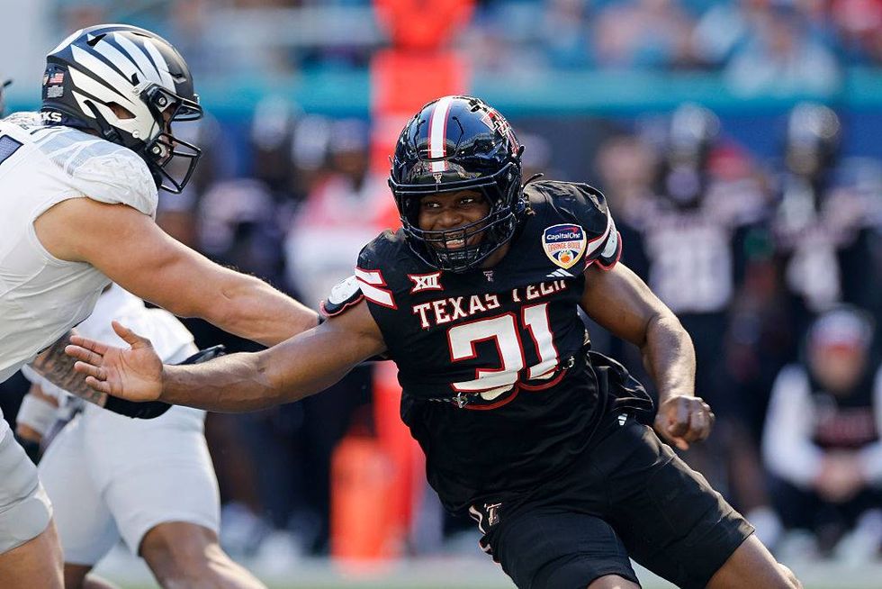 MIAMI GARDENS, FL - JANUARY 01: David Bailey #31 of the Texas Tech Red Raiders rushes on defense during the College Football Playoff Quarterfinal at the Capital One Orange Bowl against the Oregon Ducks on January 01, 2026 at Hard Rock Stadium in Miami Gardens, Florida.