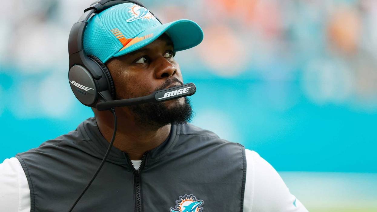MIAMI GARDENS, FLORIDA - DECEMBER 19: Head coach Brian Flores of the Miami Dolphins looks on from the sideline during the game against the New York Jets at Hard Rock Stadium on December 19, 2021 in Miami Gardens, Florida.