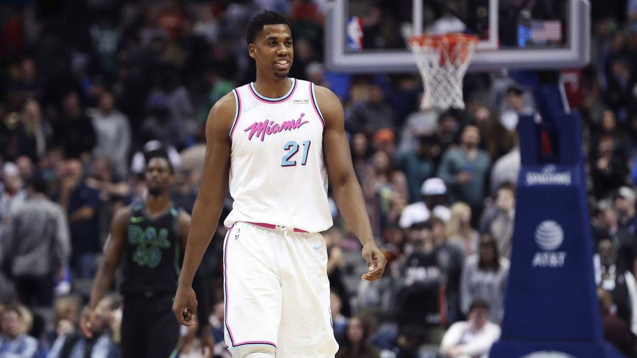Miami Heat center Hassan Whiteside (21) reacts during the second half against the Dallas Mavericks at American Airlines Center.