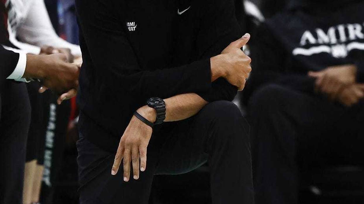 Miami Heat head coach Erik Spoelstra hangs his head during the fourth quarter of their 118-84 loss to the Boston Celtics in game five of the first round of the 2024 NBA playoffs at TD Garden