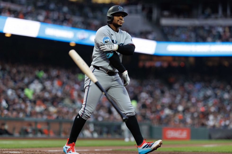 Miami Marlins second baseman Xavier Edwards (9) draws a walk during the fifth inning against the San Francisco Giants at Oracle Park.