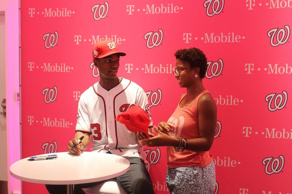 Michael A. Taylor, of the Washington Nationals, joins 106.7 The Fan's Grant Paulsen to meet and greet fans at T-Mobile in Pentagon City.