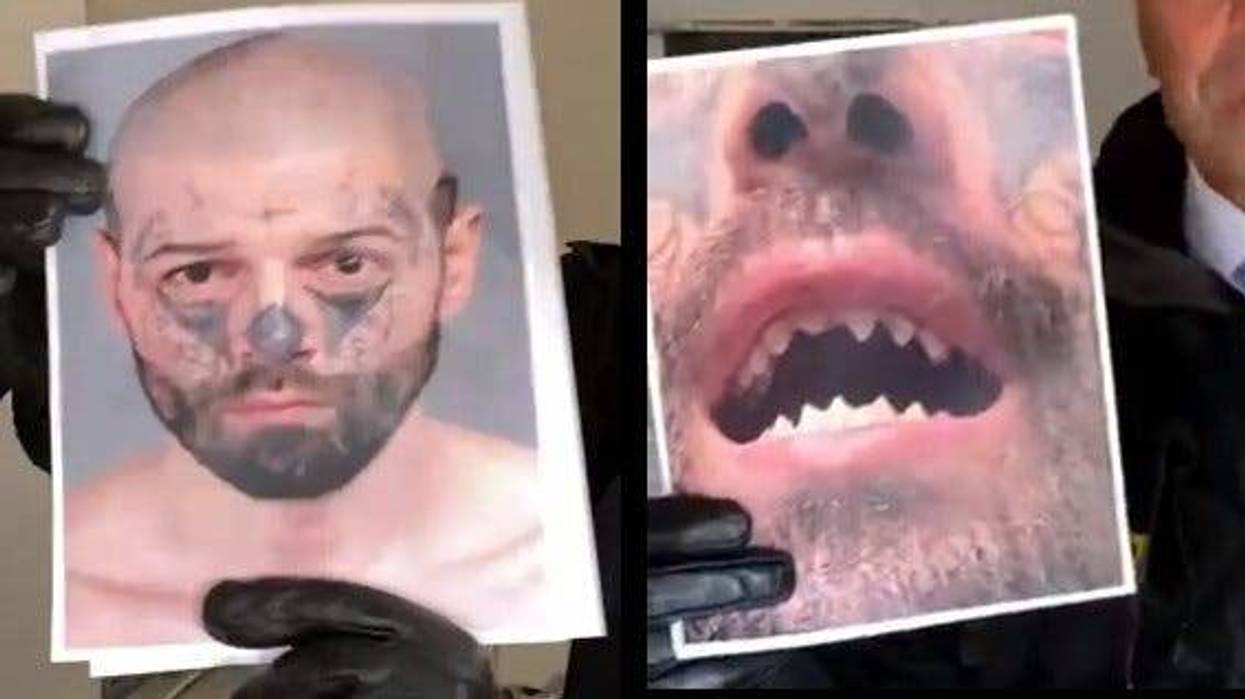 Michael Barajas' mugshot, left, and close-up of his pointed teeth.