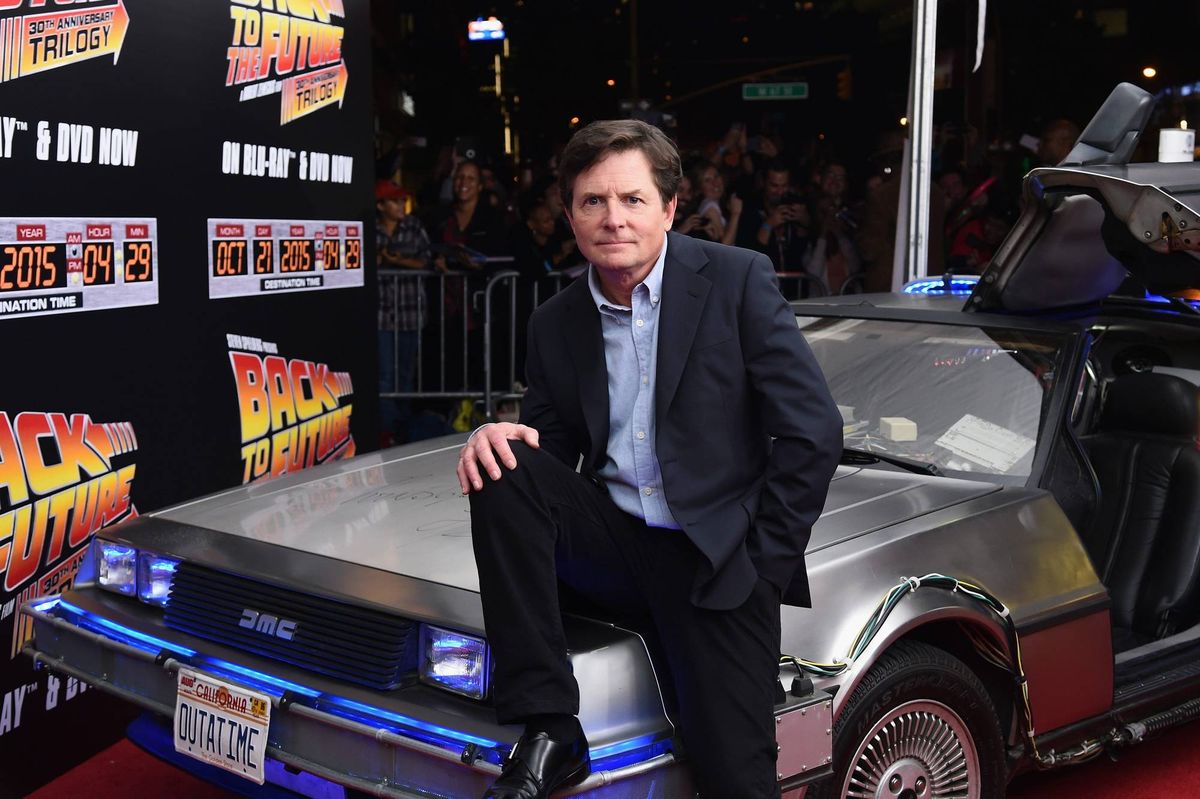 michael j fox on the delorean from back to the future