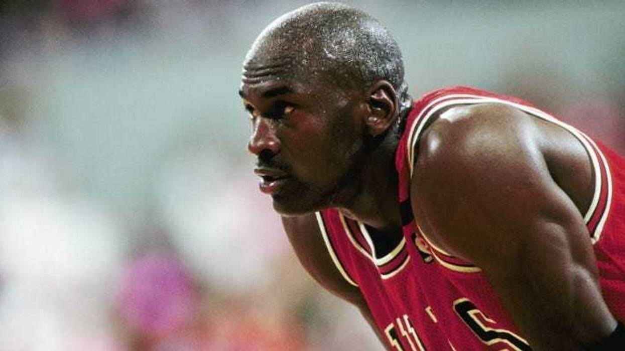Michael Jordan (23) against the Portland Trail Blazers during the 1992 season at Memorial Coliseum.