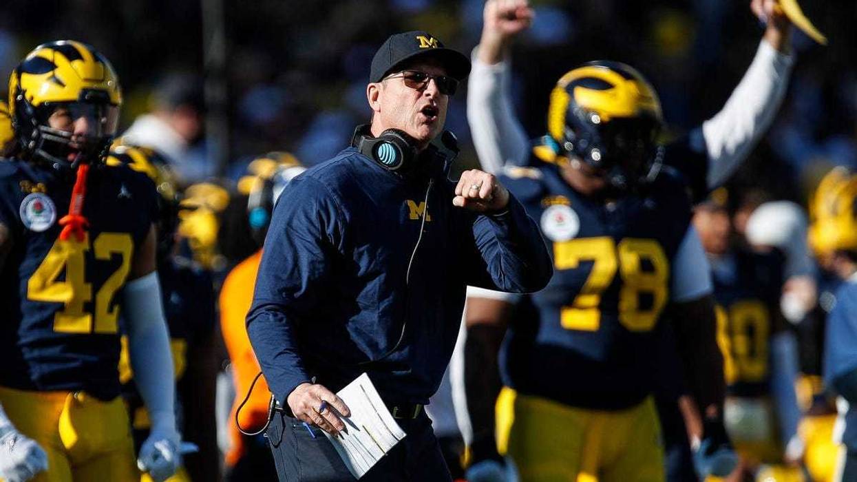 Michigan coach Jim Harbaugh reacts to a play against Alabama during the first half of the Rose Bowl in Pasadena, California, on Monday, Jan. 1, 2024.