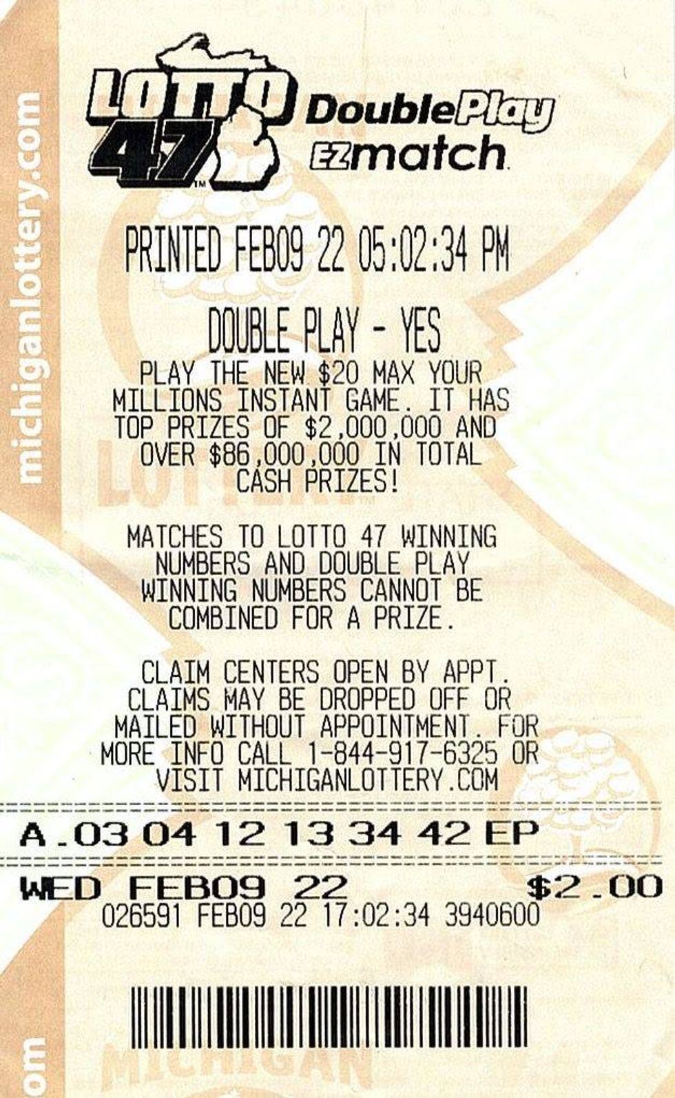 Michigan Lottery winning ticket