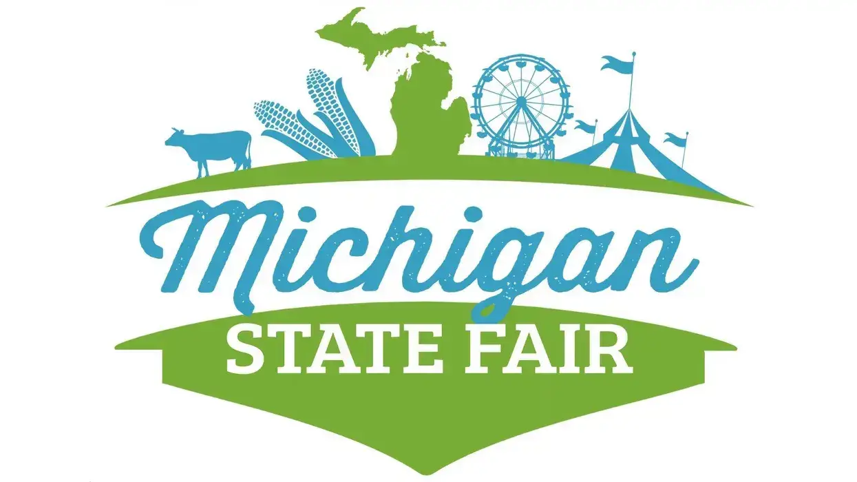 Michigan State Fair logo: cow, corn, Michigan map, Ferris wheel, and circus tent.