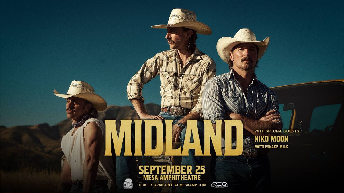 Midland concert poster: Three men in cowboy hats in a desert. Sept 25, Mesa Amphitheatre.