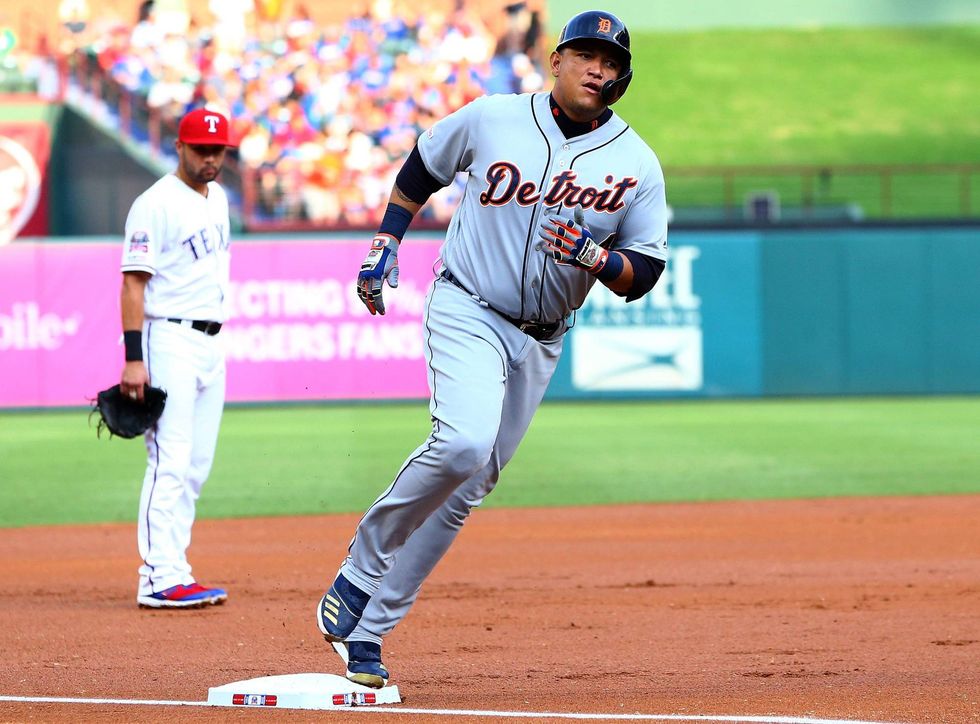 Miguel Cabrera rounds the bases after slugging a home run
