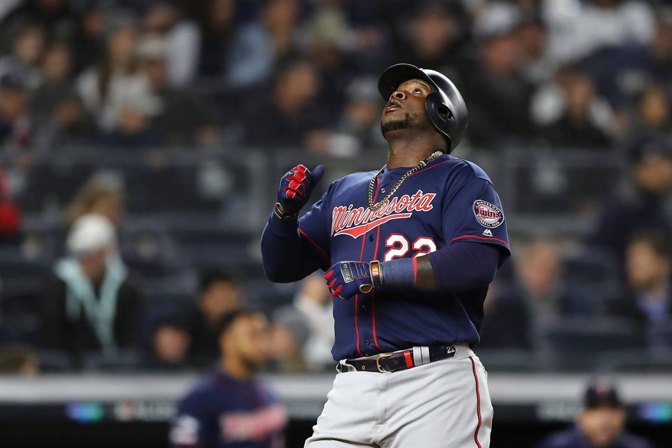 Miguel Sano looks skyward after slugging a home run at Yankee Stadium