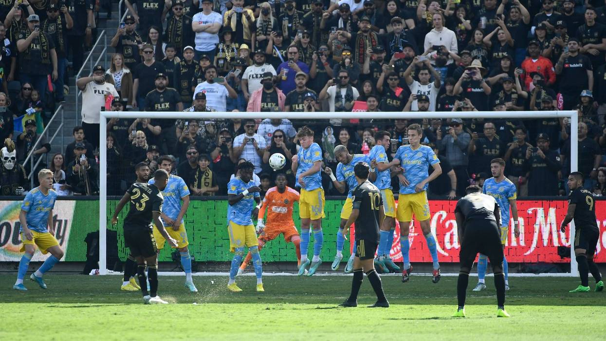 Mikael Uhre of Philadelphia Union takes a shot against goalkeeper Maxime Crépeau of LAFC during the first half of the 2022 MLS Cup Final at Banc of California Stadium on November 5, 2022 in Los Angeles, California.