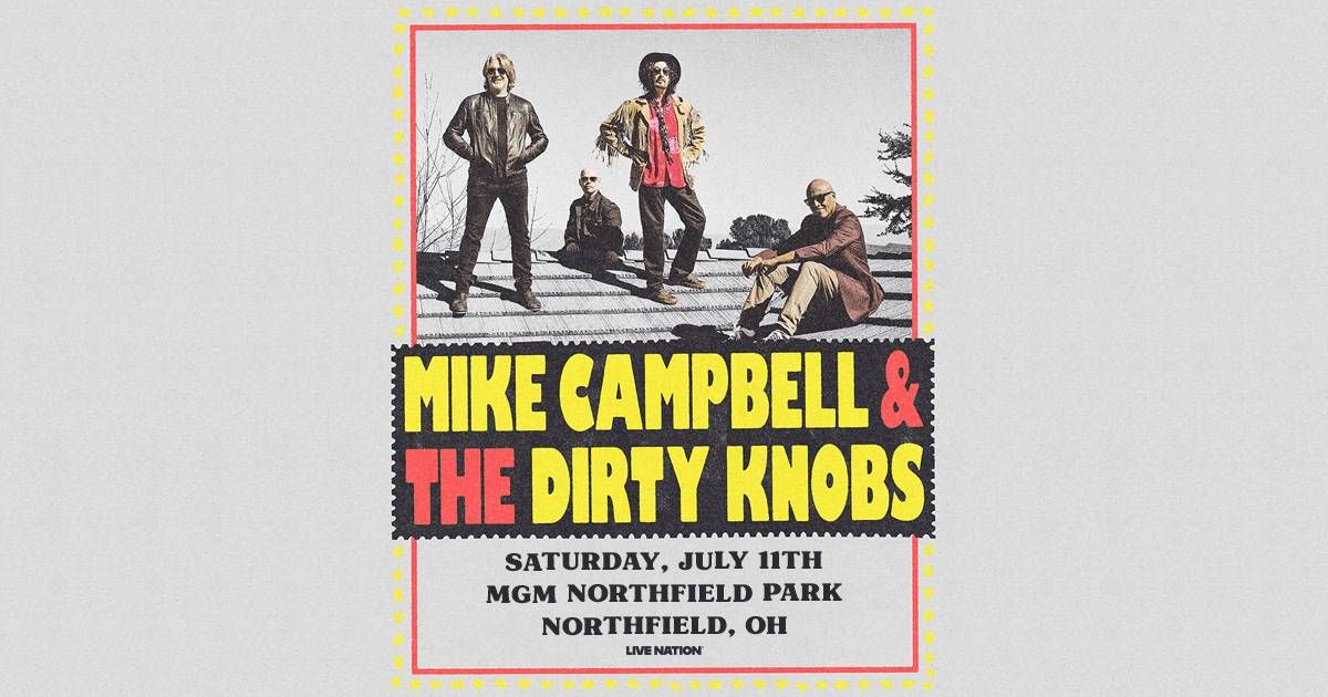 Mike Campbell & The Dirty Knobs concert poster. Band on rooftop photo framed like a postage stamp.