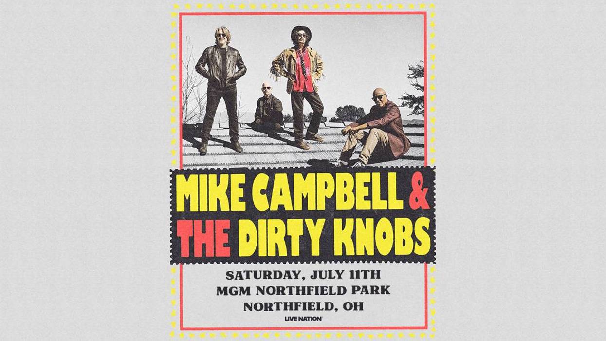 Mike Campbell & The Dirty Knobs concert poster. Band on rooftop photo framed like a postage stamp.