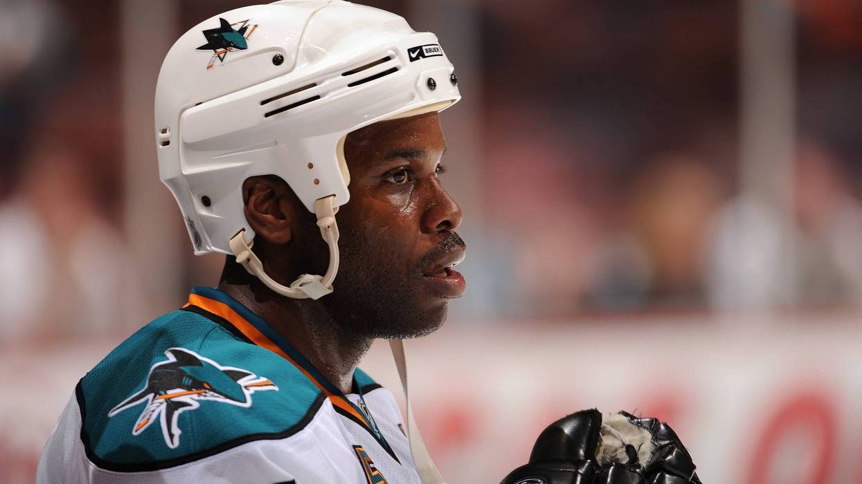 Mike Grier #25 of the San Jose Sharks looks on against the Anaheim Ducks during Game Three of the Western Conference Quarterfinal Round of the 2009 Stanley Cup Playoffs at Honda Center on April 21, 2009 in Anaheim, California.