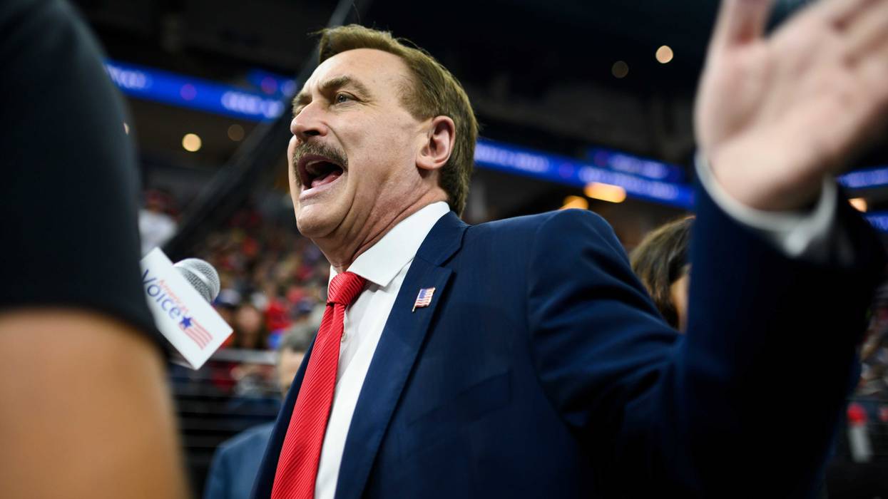Mike Lindell, CEO of My Pillow, is interviewed before a campaign rally held by U.S. President Donald Trump at the Target Center on October 10, 2019 in Minneapolis, Minnesota. Lindell is an outspoken supporter of the Trump presidency and his campaign for reelection.