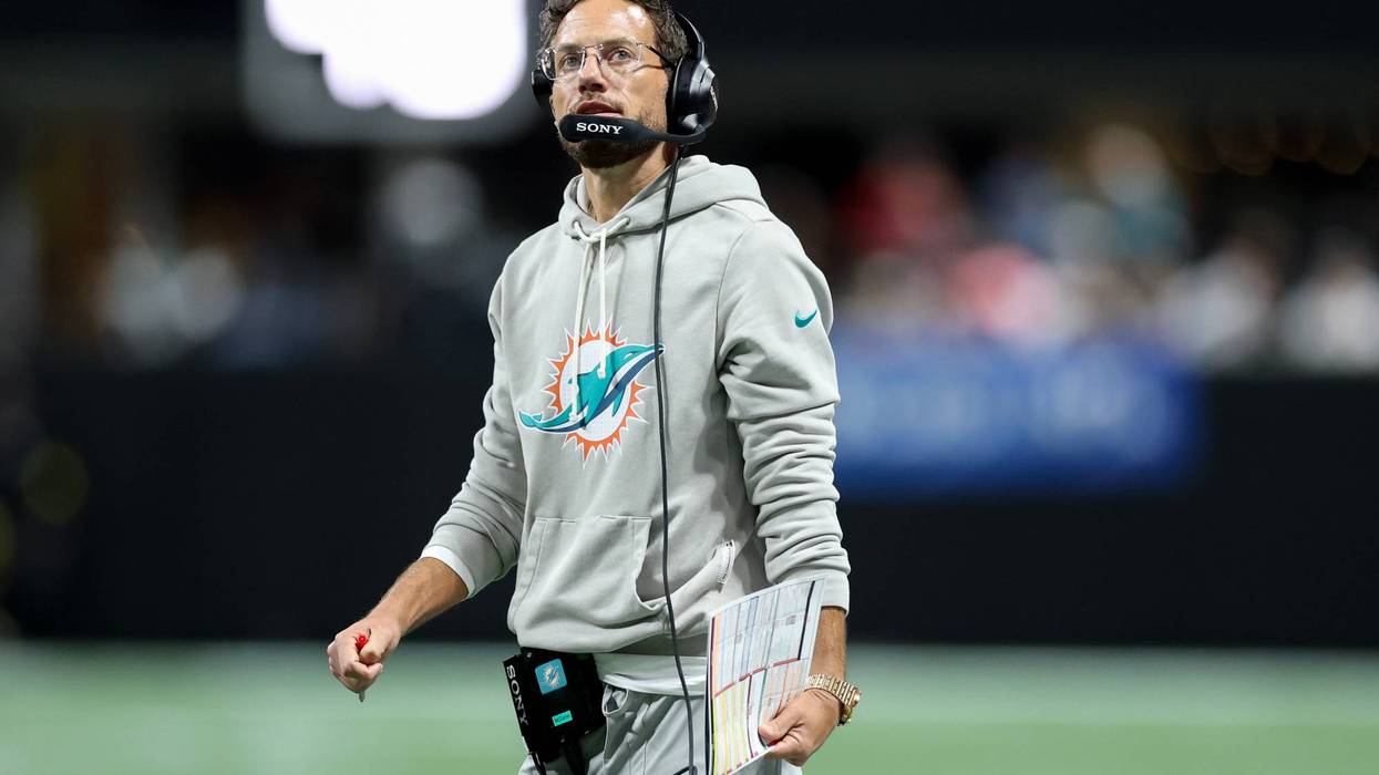 Mike McDaniel of the Miami Dolphins looks on during the second quarter in the game against the Atlanta Falcons at Mercedes-Benz Stadium on October 26, 2025 in Atlanta, Georgia.