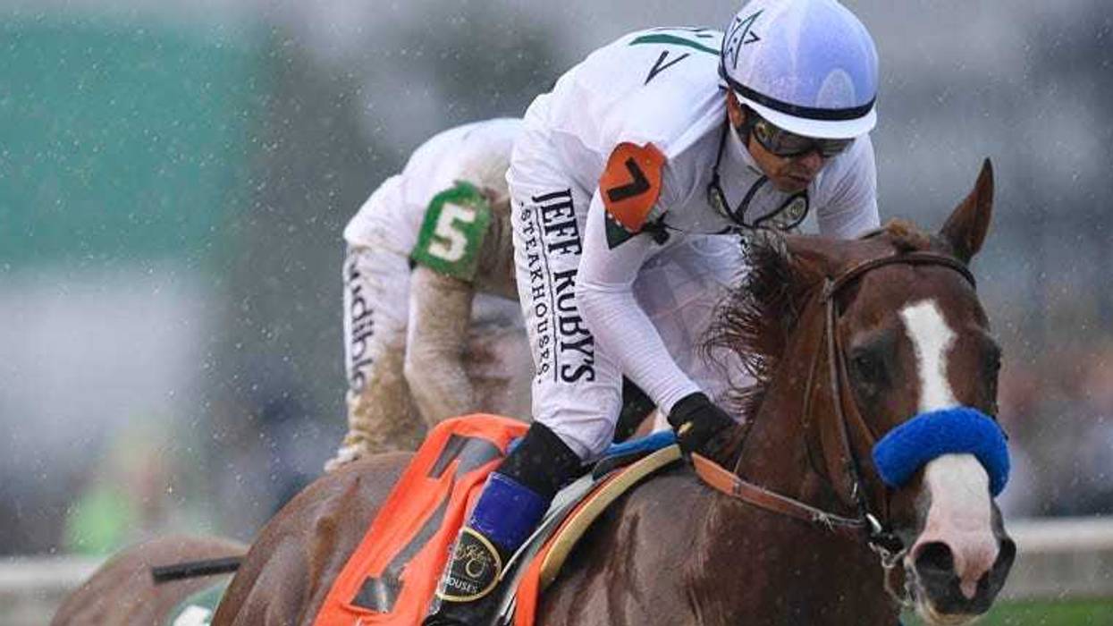 Mike Smith aboard Justify (7) after winning the Kentucky Derby on May 5, 2018, at Churchill Downs in Louisville, Kentucky.