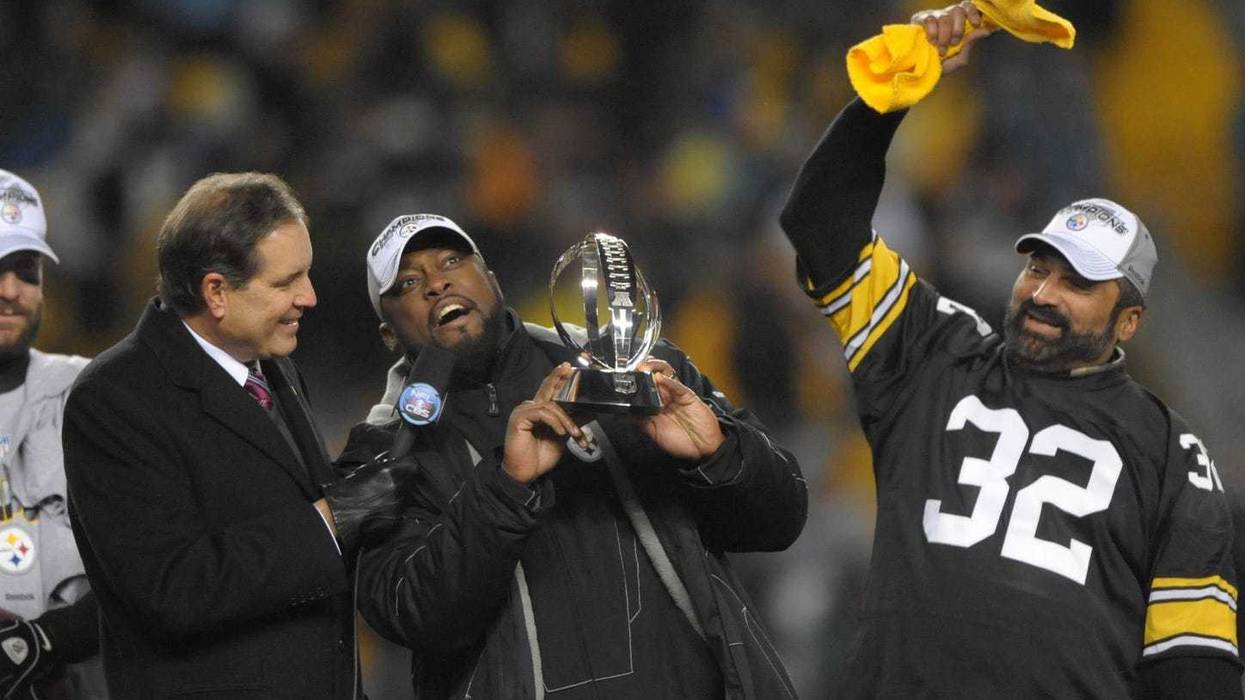Mike Tomlin with Lombardi Trophy with Franco Harris