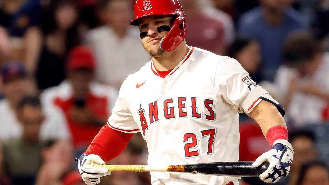 Mike Trout #27 of the Los Angeles Angels at bat against the Kansas City Royals in the first inning at Angel Stadium of Anaheim on September 23, 2025 in Anaheim, California.
