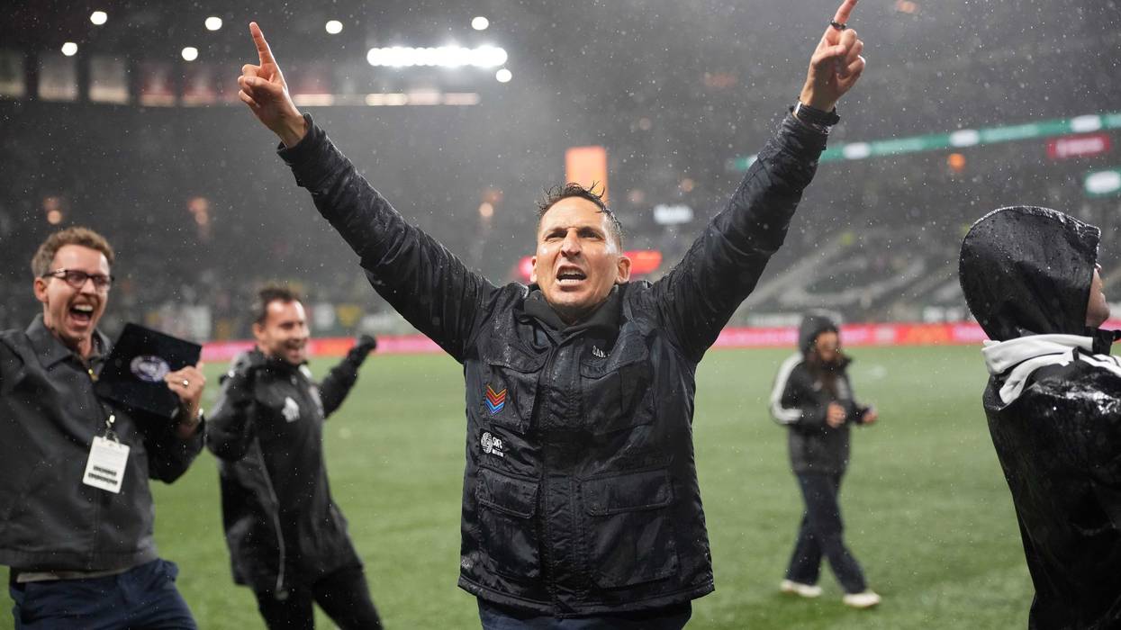 Mikey Varas, head coach of San Diego FC, celebrates after a win against the Portland Timbers at Providence Park on October 18, 2025 in Portland, Oregon