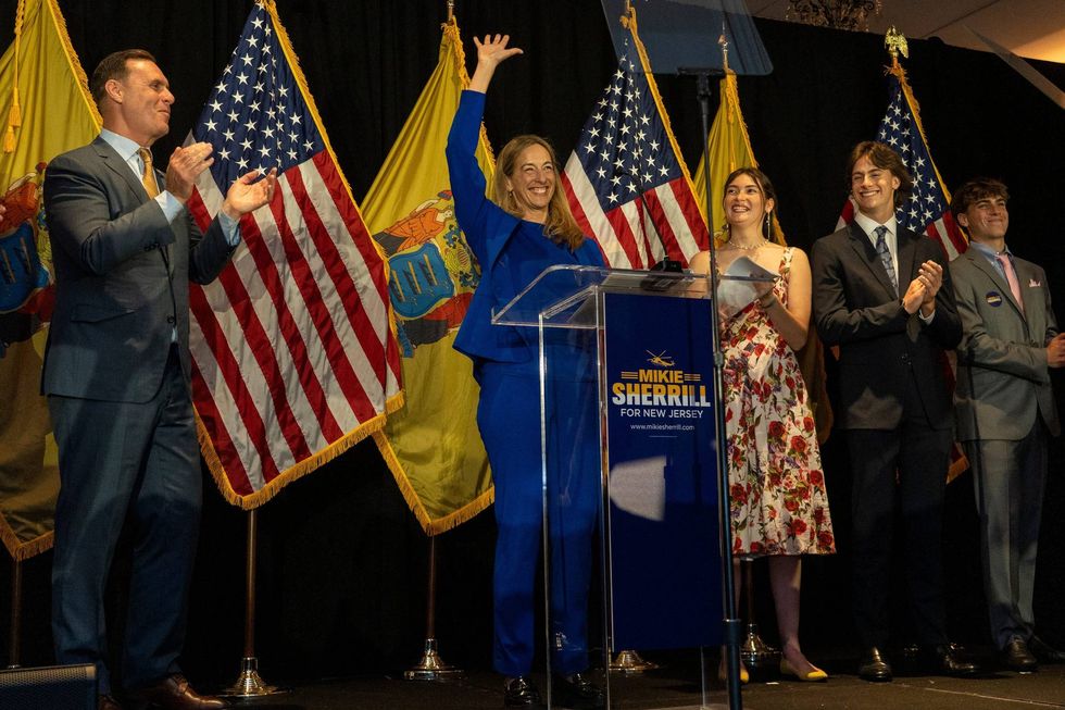 Mikie Sherrill gives a speech after she is announced the winner of the democratic primary in the Westin Governor Morris, Morristown, N.J., June 10, 2025.