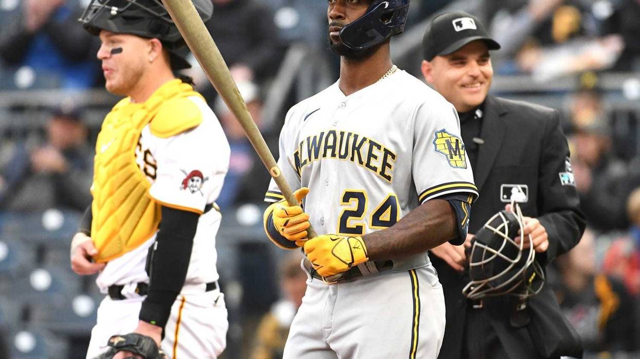 Milwaukee Brewers designated hitter Andrew McCutchen (24) goes to bat as Pittsburgh Pirates catcher Roberto Perez