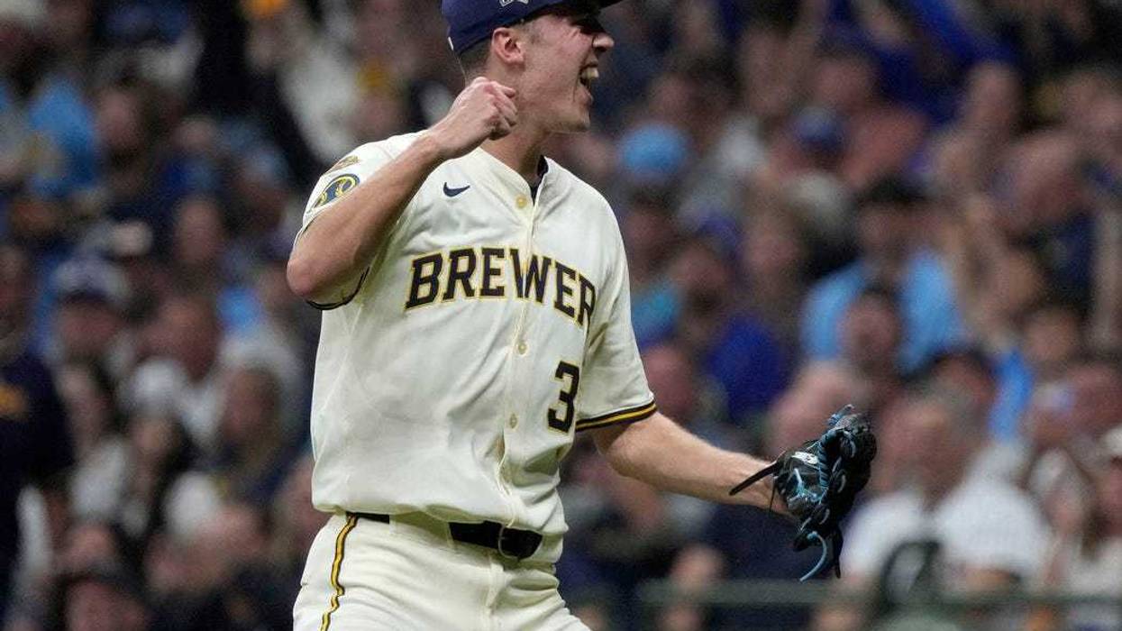 Milwaukee Brewers pitcher Jacob Misiorowski (32) celebrates the third out, Chicago Cubs left fielder Ian Happ (8) fouling out to left, during the fifth inning of the National League Division Series game at American Family Field in Milwaukee, Wisconsin on Oct. 6, 2025.