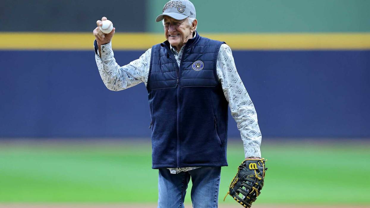 Milwaukee Brewers radio announcer Bob Uecker throws a ceremonial first pitch before Game One of the Wild Card Series between the Arizona Diamondbacks and the Milwaukee Brewers at American Family Field on October 03, 2023 in Milwaukee, Wisconsin.