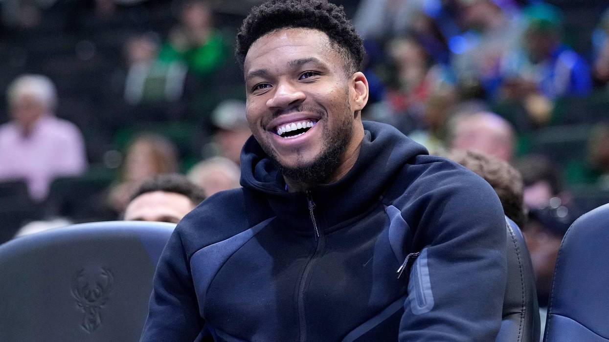 MILWAUKEE, WISCONSIN - APRIL 05: Giannis Antetokounmpo #34 of the Milwaukee Bucks looks on from the bench during the second half of the game against the Memphis Grizzlies at Fiserv Forum on April 05, 2026 in Milwaukee, Wisconsin. NOTE TO USER: User expressly acknowledges and agrees that, by downloading and or using this photograph, User is consenting to the terms and conditions of the Getty Images License Agreement. (Photo by John Fisher/Getty Images)