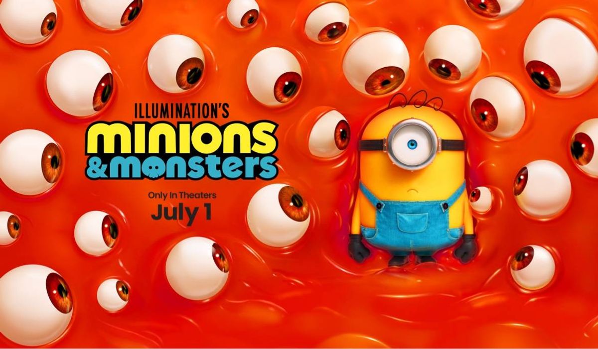 Minions & Monsters movie poster: Minion in red goo with floating eyeballs. July 1.