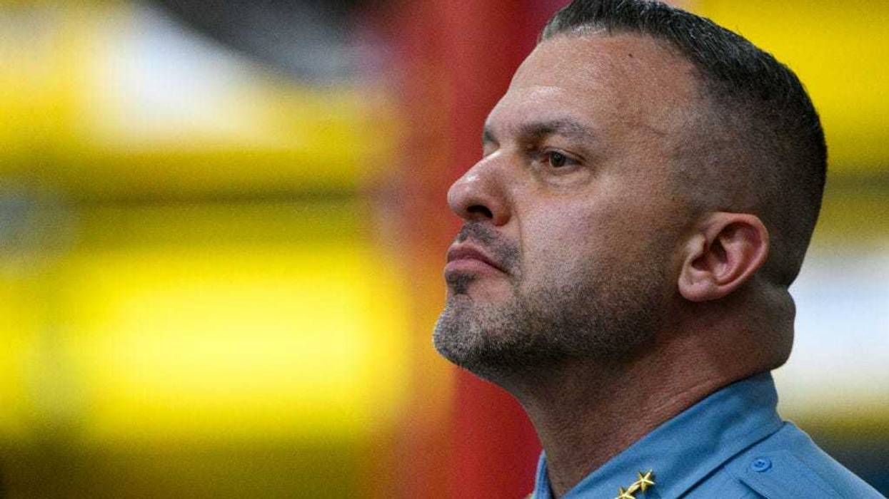 Minneapolis Chief of Police Brian O'Hara arrives during a visit by U.S. President Joe Biden to the Cummins Power Generation facility on April 3, 2023 in Fridley, Minnesota.
